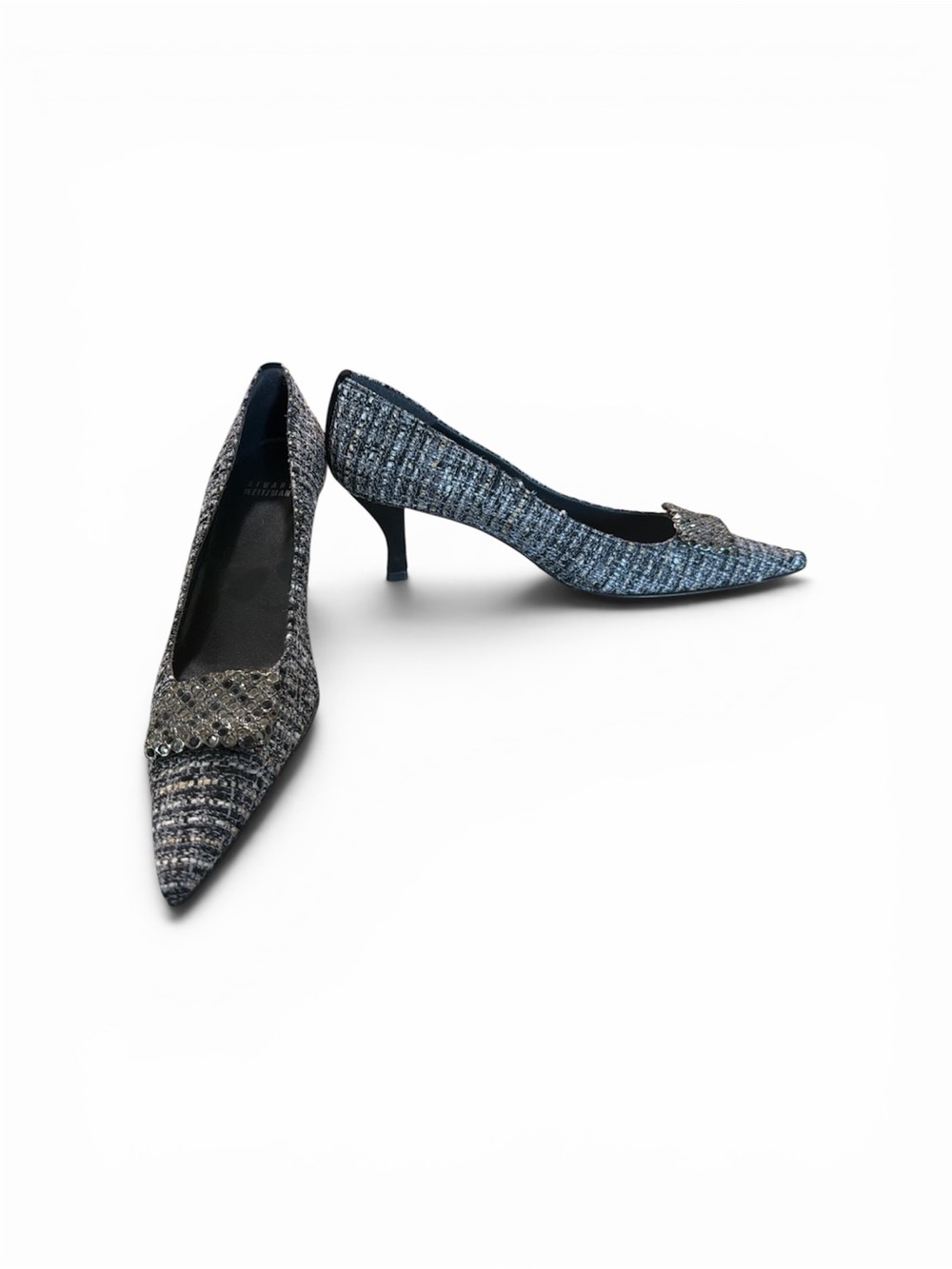 Stuart Weitzman Blue Tweed Pointed Kitten Heels with Rhinestone Buckle 7.5N